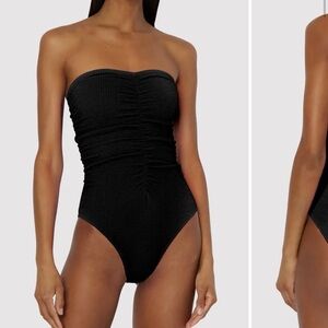 Milly Black Textured Strapless One-Piece Ruched Medium
